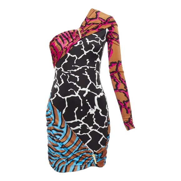 Versace PF19 One Shoulder Mixed Animal Print Mini Dress IT 40 (US Size 4) - Picture 1 of 16